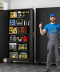 Heavy Duty Metal Garage Storage Cabinet With Two Doors And Five Adjustable Shelves, 75 Inch H X 36 Inch W X 18 Inch D, Steel Tool Cabinet For Home Office Garage Warehouse, Black open with tools and bins