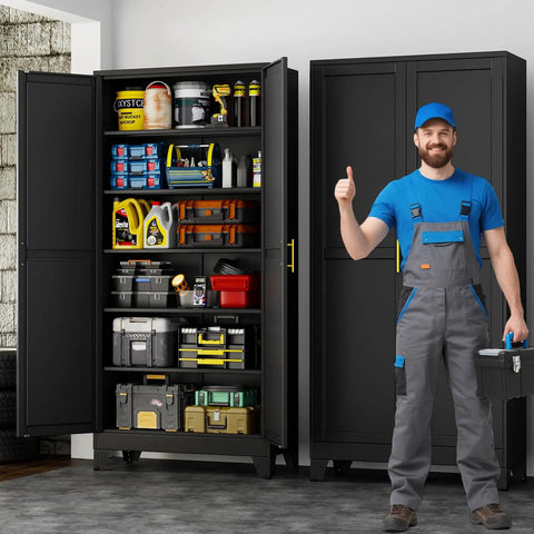 Heavy Duty Metal Garage Storage Cabinet With Two Doors And Five Adjustable Shelves, 75 Inch H X 36 Inch W X 18 Inch D, Steel Tool Cabinet For Home Office Garage Warehouse, Black open with tools and bins