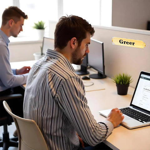 Office desk with a Clear 8 Inch Acrylic Name Plate Holder 2x8 Inch Wall Sign Display Pack of 20 mounted on a wall showing 'Greer'