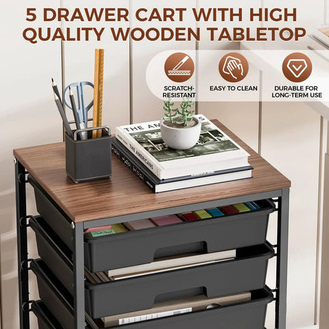 Five Tier Rolling Storage Cart With Wood Top On Wheels For Home Office Classroom Craft Room And Kid Room Mobile Drawer Trolley With Two Big Drawers And Three Small Drawers Black with items on top