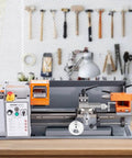 Precision Benchtop Metal Lathe 7 X 14 Inch With 0-2200 RPM Variable Speed And 500W Brush Motor on a workbench