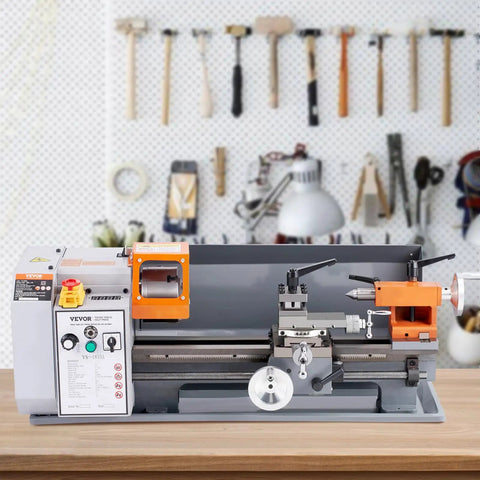 Precision Benchtop Metal Lathe 7 X 14 Inch With 0-2200 RPM Variable Speed And 500W Brush Motor on a workbench