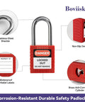 Corrosion-resistant durable safety padlock with stainless-steel shackle, red non-slip design, and waterproof writable labels