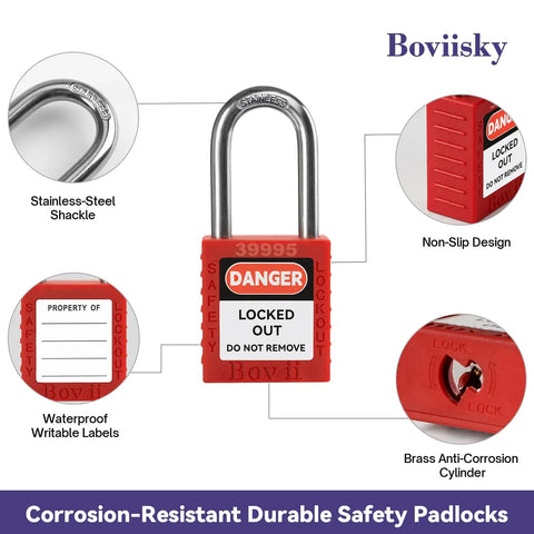 Corrosion-resistant durable safety padlock with stainless-steel shackle, red non-slip design, and waterproof writable labels