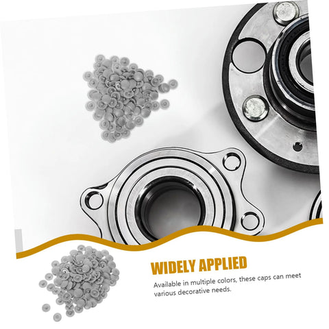 Grey Screw Cover Caps 500 Pack Durable Plastic Thread Protectors displayed with metal construction parts
