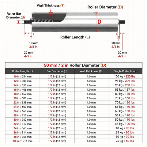 2 Inch Diameter Metal Tube Bearing Roller Set, Heavy Duty Conveyor Rollers 5 Pack, 12mm Shaft, Supports 50-220 Lbs Each, Ideal For Assembly Lines And Material Handling, Close Spacing For Heavier Loads. 50 mm roller size chart