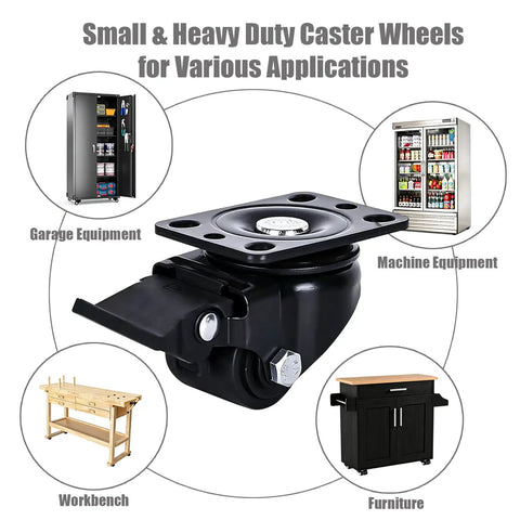 Low Profile Caster Wheels Set Of Four Heavy Duty Swivel Casters With Locking Brake For Industrial Workbenches shown on various equipment.