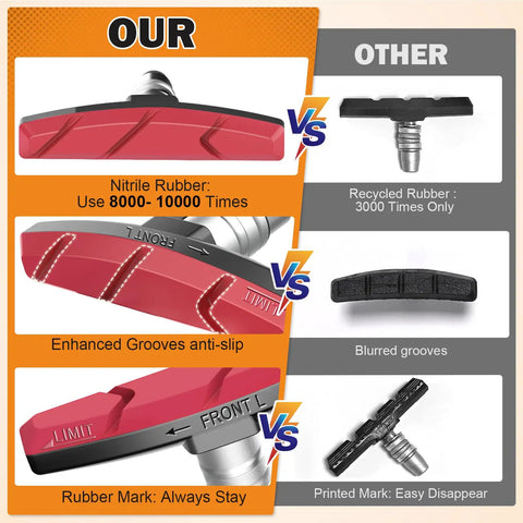 Comparison of Bike Brake Pads Set for Road and Mountain Bikes, 6 Pcs V-Brake Blocks with Free Hex Wrench and Shims, red nitrile rubber vs recycled rubber.