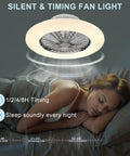 Modern LED Ceiling Fan With Lights 20 Inch Flush Mount Dimmable Remote Low Profile Seven Invisible Blades bedroom setup