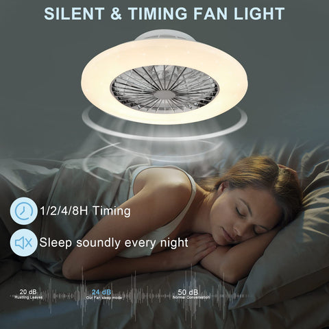 Modern LED Ceiling Fan With Lights 20 Inch Flush Mount Dimmable Remote Low Profile Seven Invisible Blades bedroom setup