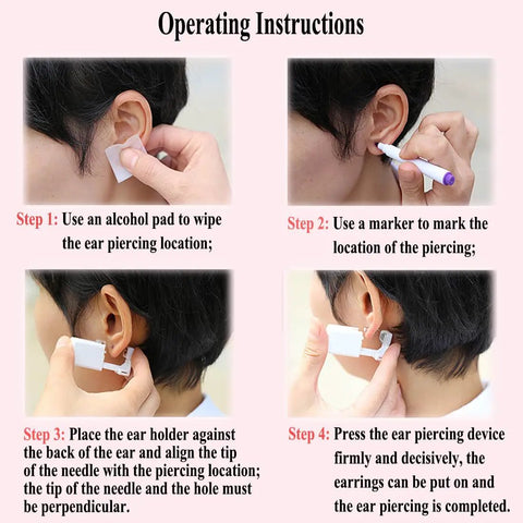 Disposable Ear Piercing Gun Kit For Cartilage With 2mm 3mm 4mm Studs, Includes Six Piercing Guns, Marker Pen, Cleaning Pads, Waterproof Ear Covers, And Silicone Earring Backings. operating instructions