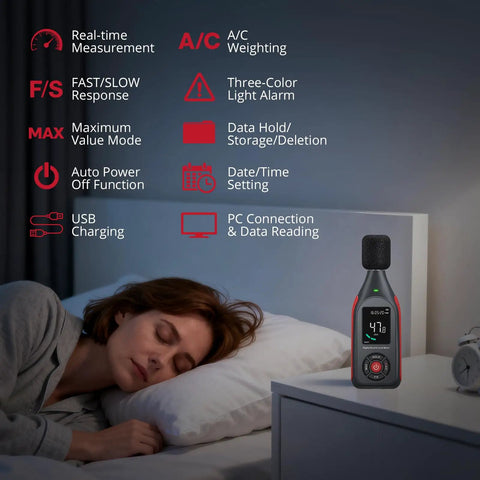 Pro-Grade Digital Sound Level Meter With Data Logger on bedside table, monitoring bedroom noise near sleeping person