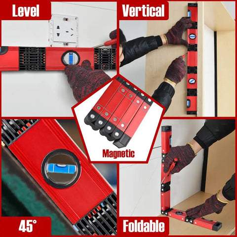 28 Inch Heavy Duty Folding Layout Level With Four Precision Bubble Vials Rock Solid Aluminum Frame Built Tough For Job Site Framing Multi Angle Hinge Snaps Flat For Dead Easy Storage And Quick Square Checks
