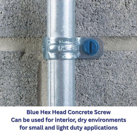 One Quarter Inch By One And One Quarter Inch Blue Flat Phillips Concrete Screw Anchor With Drill Bit For Masonry Block Or Brick Self Tapping Diamond Point And Quick Drive Design 100 Per Box CONFAST installed on masonry wall