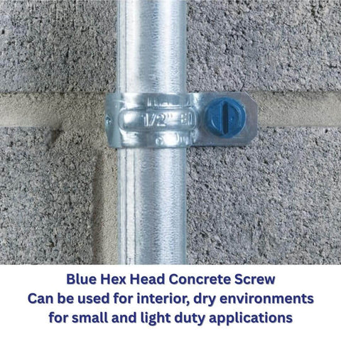 Blue hex head concrete screw securing metal pipe to brick wall for interior dry applications.