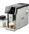 Top Shelf Espresso Coffee Maker With Handy Milk Frother And Adjustable Grinding Blades For Home Baristas Featuring Detachable Milk Tank And Sleek Silver Build, brewing cappuccino.