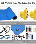 Front view of blue 60x24 in ESD rubber bench mat with grounding plug kit, silicone wrist straps, and grounding cords