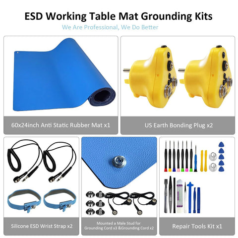 Front view of blue 60x24 in ESD rubber bench mat with grounding plug kit, silicone wrist straps, and grounding cords