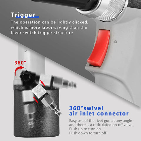Heavy Duty Pneumatic Air Rivet Gun And Hydraulic Riveter With Self Suction Auto Feed For One Handed Operation showcasing trigger and 360° swivel air inlet.