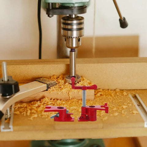 Heavy Duty Steel Pipe Clamps With Comfort Grip Rubber Sleeves, Quick Release Woodworking Screw Vise For Furniture Repairs And Rock Solid Panel Joints, Smooth Gluing Action No Sweat Professional Tool Kit on a woodwork table.