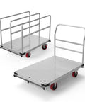 Rugged 2-In-1 Steel Panel Cart for Drywall Jobs, 3000 Lb Capacity, 44 by 28 Inch Platform, Anti-Slip 2mm Steel Plate, Heavy-Duty Job Site Transporter Built Tough for Pros, shown with two angles