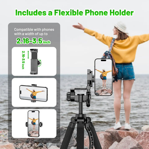 68 Inch Adjustable Laser Level Tripod With One Quarter And Five Eighth Inch Mounts Heavy Duty Portable Stand 3 Way Pan Head with flexible phone holder