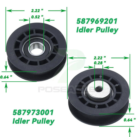 2 Pack Idler Pulley and Belt Kit for LC221A Series 587973001 and 587969201 pulley sizes and dimensions detail