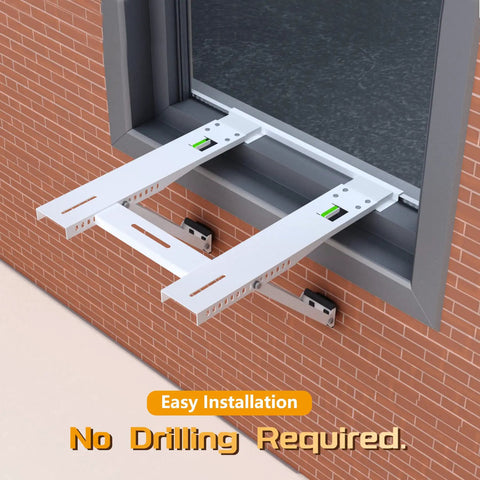 Drillless Window Air Conditioner Bracket for Easy Mounting, heavy-duty steel support visible on window, rust-resistant epoxy coated