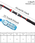 Black and Red Telescopic Fishing Rod and Reel Combo Five Point Nine Feet Fiberglass alongside a water bottle, showing length