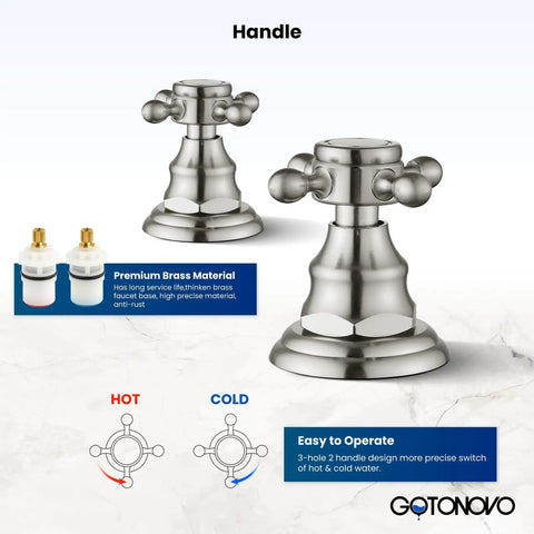 3 Hole Widespread Bathroom Faucet With Double Cross Handles in brushed nickel, deck mount mixer tap for vanity sink, hot and cold water control