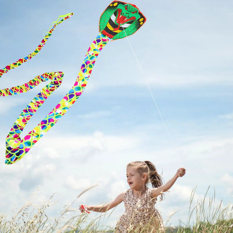Child flying Long Snake Kite With Gold Foil Detailing For Adults, Large Outdoor Sports Kite With Ultra Long Tail in field