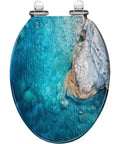 Toilet Seat Cover Elongated Quiet Close for Bathroom with oceanic design, showing a blue water and rocky shoreline pattern.