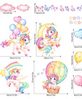 Whimsical Rainbow Unicorn Wall Decals Set With Balloons, Moon, Clouds And Stars For Nursery, Girls Bedroom And Kids Room Decor