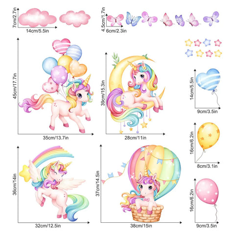 Whimsical Rainbow Unicorn Wall Decals Set With Balloons, Moon, Clouds And Stars For Nursery, Girls Bedroom And Kids Room Decor