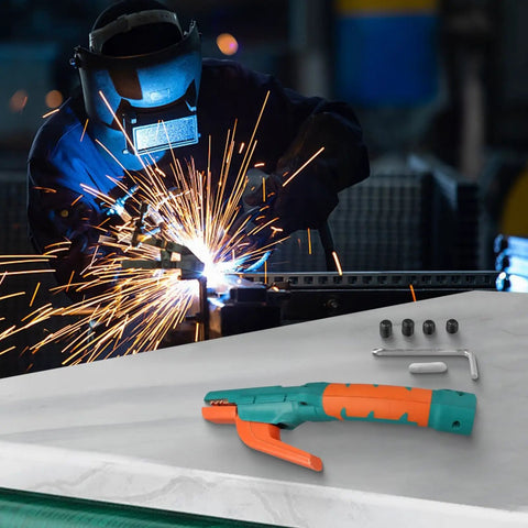 Durable 800 Amp Welding Stinger Electrode Clamp With Ergonomic Curved Handle on a workbench in a welding workshop.