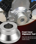 Front And Rear Cover Billet Alignment Tool And Oil Pan Alignment Tool Kit for LS Series Engines showing installation view on engine