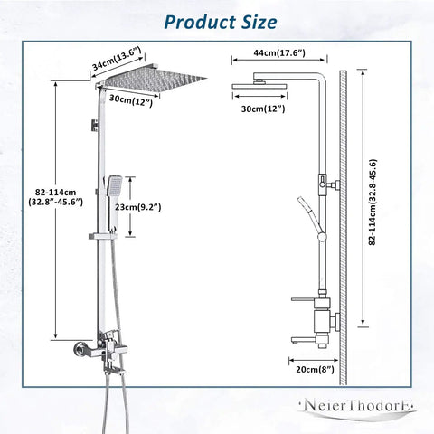 Rainfall Shower System Chrome With 8 Inch Square Shower Head Hand Spray Mixer Tap Tub Tap Wall Mount Bathroom Fixtures Solid Brass Lead Free Easy Install Spa Quality Bath Upgrade For A Dope Shower Experience, technical drawing with dimensions.