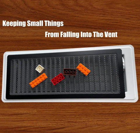Magnetic Floor Register Vent Cover 4x10 Inch Screen Mesh on wooden floor with small items on top, preventing debris entry.