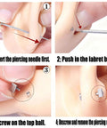 Step-by-step use of Piercing Taper Ball Grabber Tool Kit For Quick Jewelry Swap With 12G 14G 16G 18G 20G Threadless Insertion Pins.