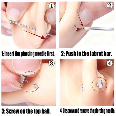 Step-by-step use of Piercing Taper Ball Grabber Tool Kit For Quick Jewelry Swap With 12G 14G 16G 18G 20G Threadless Insertion Pins.