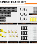 Built Tough E Track Tie Down Rail Kit 88 Piece Set For Garages Vans Trailers And Motorcycles With 6 Rails displayed.