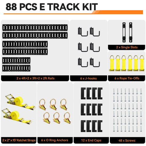 Built Tough E Track Tie Down Rail Kit 88 Piece Set For Garages Vans Trailers And Motorcycles With 6 Rails displayed.