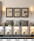 Battery Operated Wall Sconces Set Of 2 Gold Wireless LED Wall Lights With Remote in living room, color modes displayed.