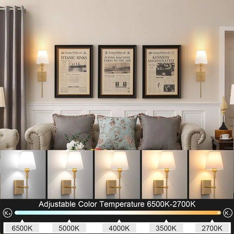 Battery Operated Wall Sconces Set Of 2 Gold Wireless LED Wall Lights With Remote in living room, color modes displayed.