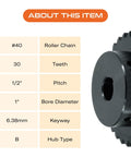Heavy Duty 30 Tooth Roller Chain Sprocket With Half Inch Pitch And 1 Inch Bore For 40 Chain Carbon Steel, 6.38mm Keyway