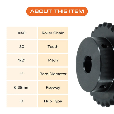 Heavy Duty 30 Tooth Roller Chain Sprocket With Half Inch Pitch And 1 Inch Bore For 40 Chain Carbon Steel, 6.38mm Keyway