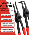 Ten Piece Snap Ring Pliers Set For Automotive Retaining Rings Removal And Installation Including Internal And External Circlips With Straight And Bent Jaw, Hook And Pick Tools In A Garage Ready Storage Case, close-up of pliers features