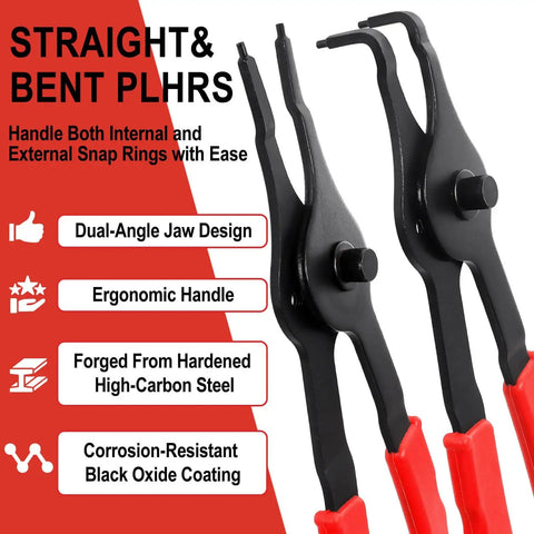 Ten Piece Snap Ring Pliers Set For Automotive Retaining Rings Removal And Installation Including Internal And External Circlips With Straight And Bent Jaw, Hook And Pick Tools In A Garage Ready Storage Case, close-up of pliers features