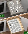 Five Compartment Kitchen Drawer Organizer White Plastic Silverware Tray neatly holds forks, spoons, and knives in drawer.