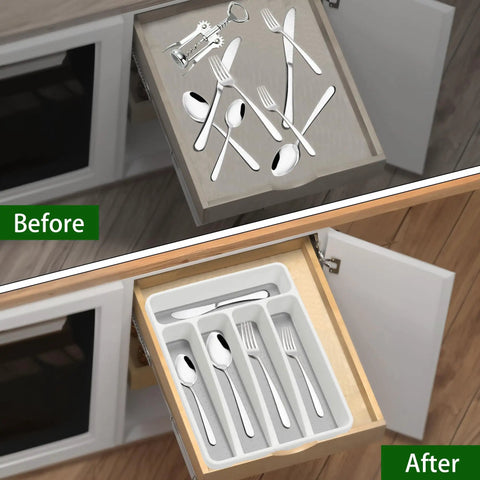 Five Compartment Kitchen Drawer Organizer White Plastic Silverware Tray neatly holds forks, spoons, and knives in drawer.